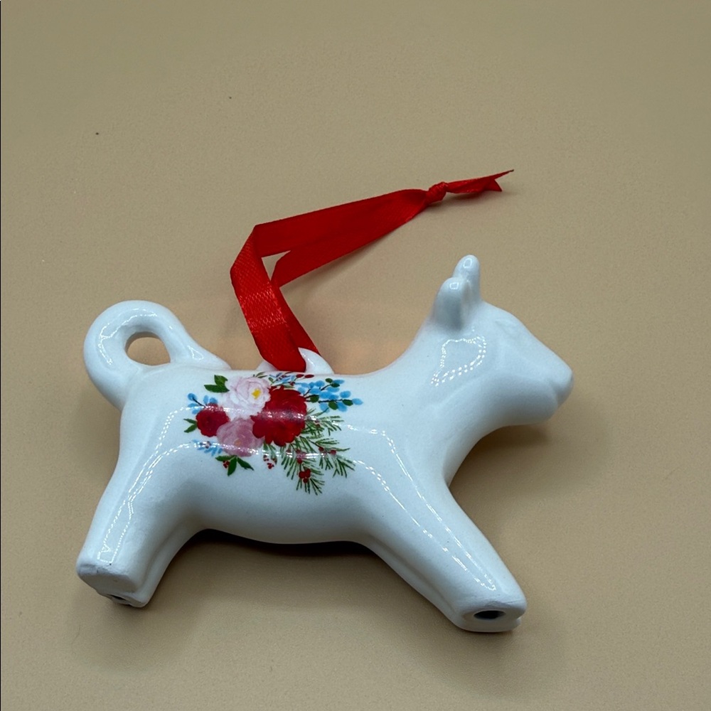 The Pioneer Woman Floral White Ceramic Ornament with Red Ribbon